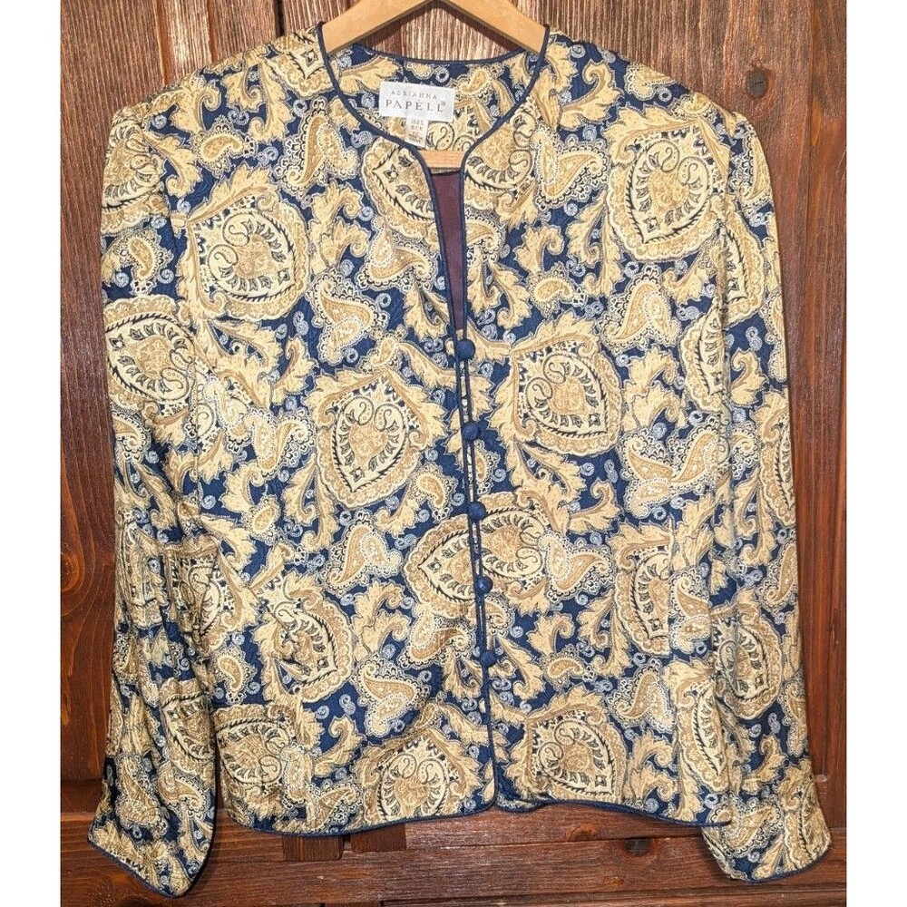 Adrianna Papell Baroque Silk Blazer Womens Size 12 Vintage Paisley Brown Jacket